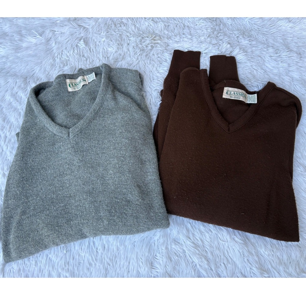 Vintage Sears Classics Mens XL V-Neck Sweater Lot 2 Orlon Acrylic Brown Gray 70s